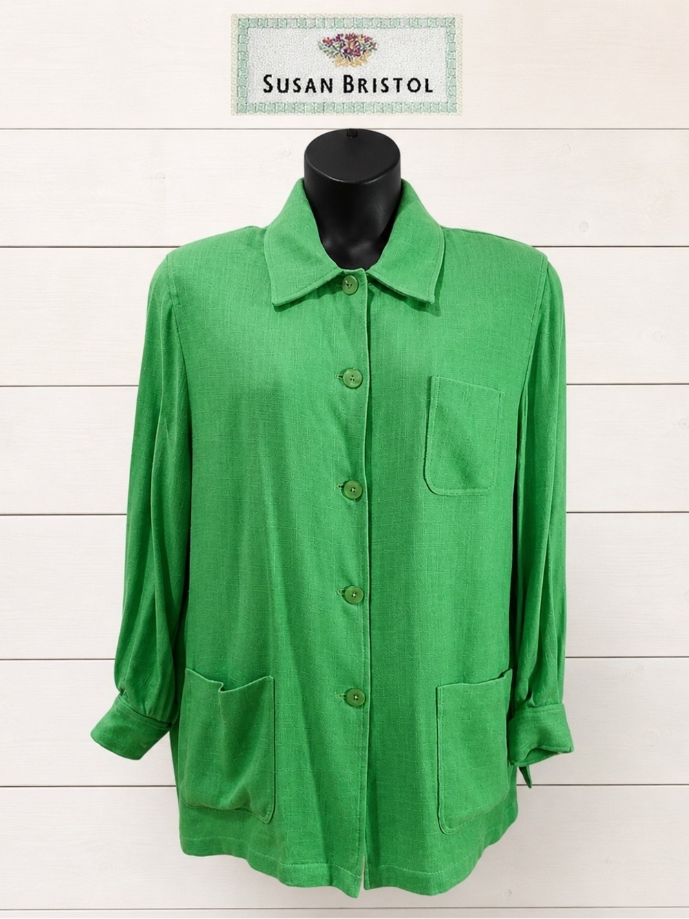 SUSAN BRISTOL – Vintage Green Jacket with Shoulder Pads, Size 16